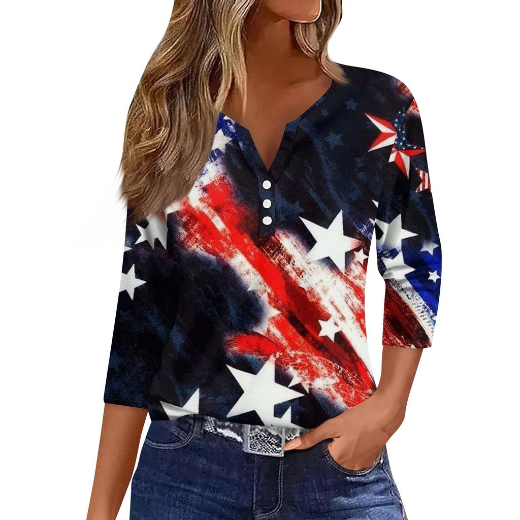 3/4 Length Sleeve Womens Tops Print Vintage Fashion Casual Loose With V Neck Plus Size Shirts Independence Day