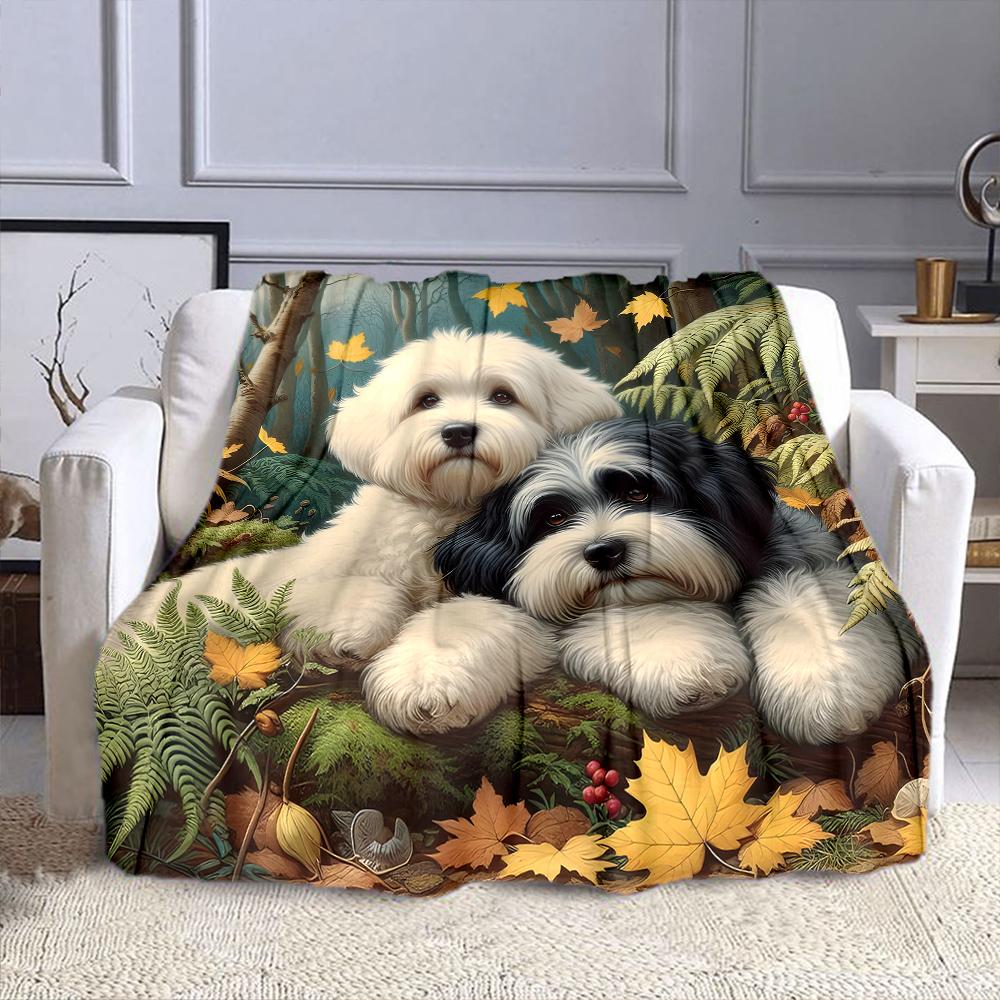 "Adorable Dogs In Autumn Forest" Patterned Flannel Blanket Perfect for the Bedroom Living Room, Sofa, or a Little Nap