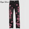 RogueWave Men Jeans Print Straight Pants Men Denim Jean Button Pockets Pants Streetwear High Street Mid Waist Hole Spliced