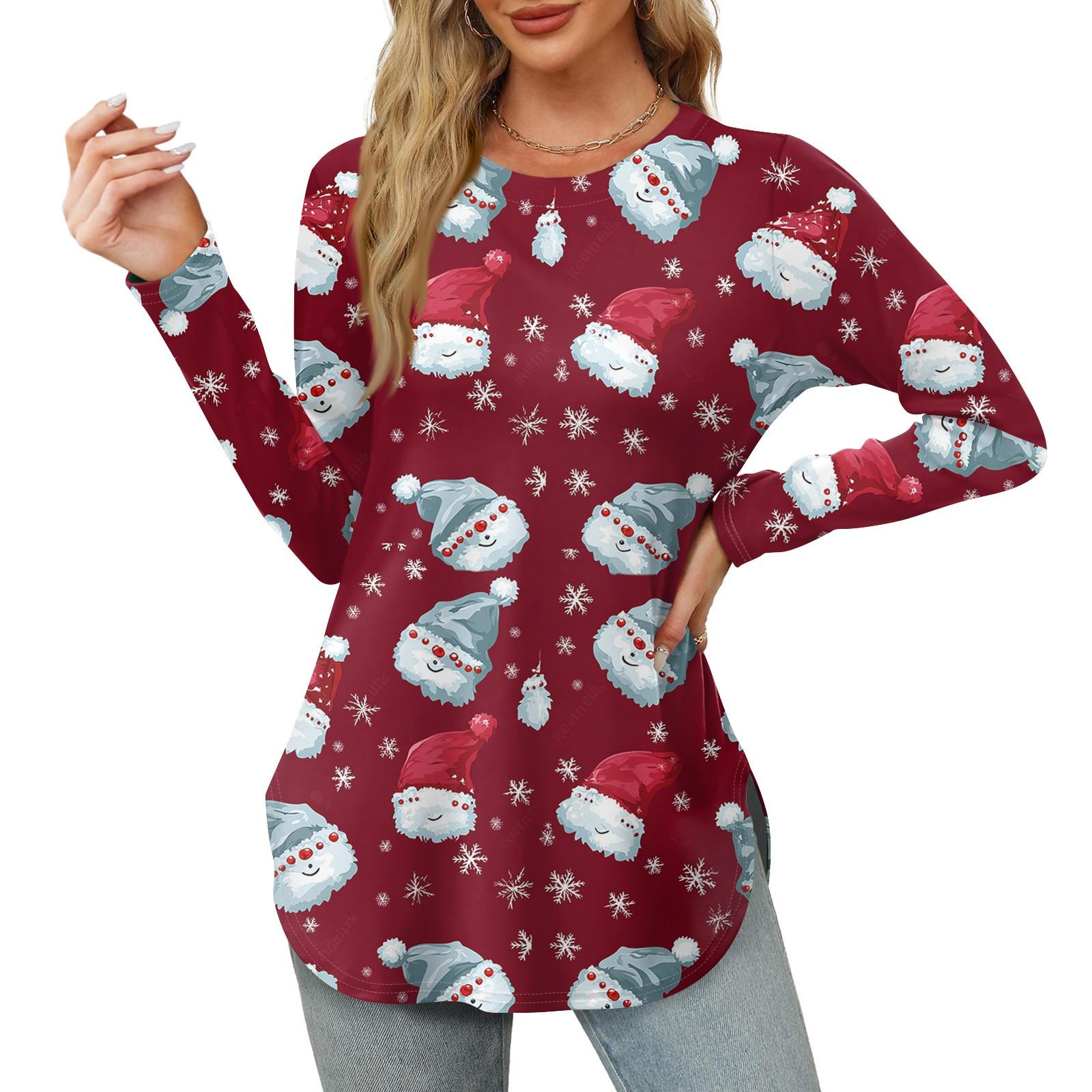 

Женские рубашки с длинным рукавом и круглым вырезом, боковые разрезы, свободные повседневные рубашки с рождественским принтом XL винный
