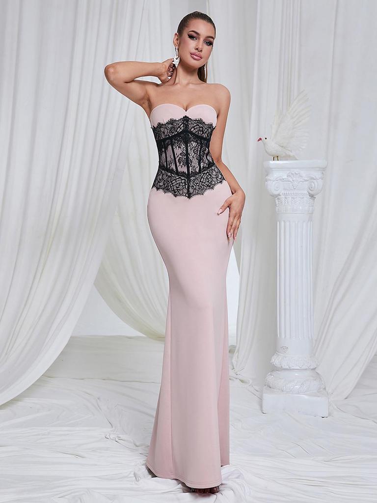 Robe de soirée ajustée à patchwork de blocs de couleur en dentelle sans bretelles style européen américain
