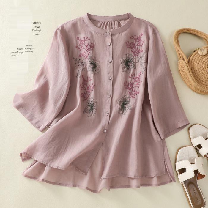 

Southeast Asia Spring-Autumn Embroidered Cotton-Linen Stand Collar Mid-Sleeve Shirt for Moms L