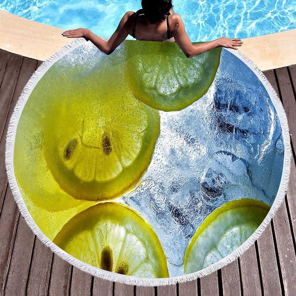 Fresh Fruit Lemon Round Beach Towel Microfiber Circle Towel Picnic Mat Absorbent Meditation Rug Yoga Mat Throw Fringe Tapestry