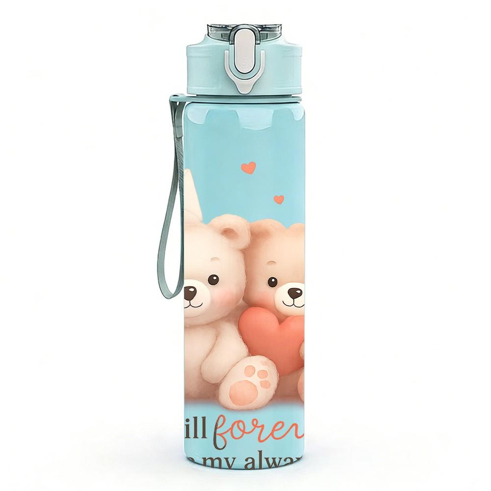 1PC Two Teddy Bear Love Art 750ml Color Plastic Sports Water Bottle Leakproof Flip Straw Lid Suitable for Sports Office Home Use