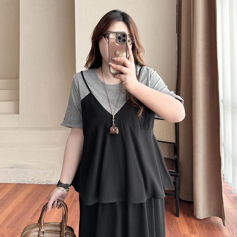 

Plus Size Women s Clothing [Trendy Fake Two Pieces T-shirt] Summer round Neck 100.00kg Unique Chic Patchwork Short Sleeve Tops Flower gray spell Black-Tops 9xl