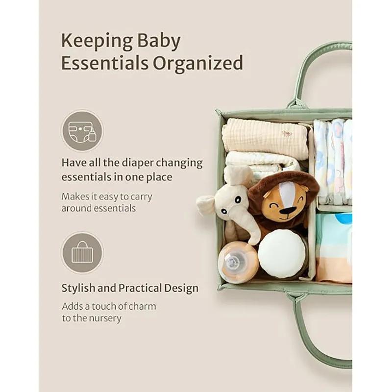 Portable Mom Tote Basket Baby Green Quilted Storage Basket with Handle - Large Capacity Organizer for Baby Toys Diapers Sundries