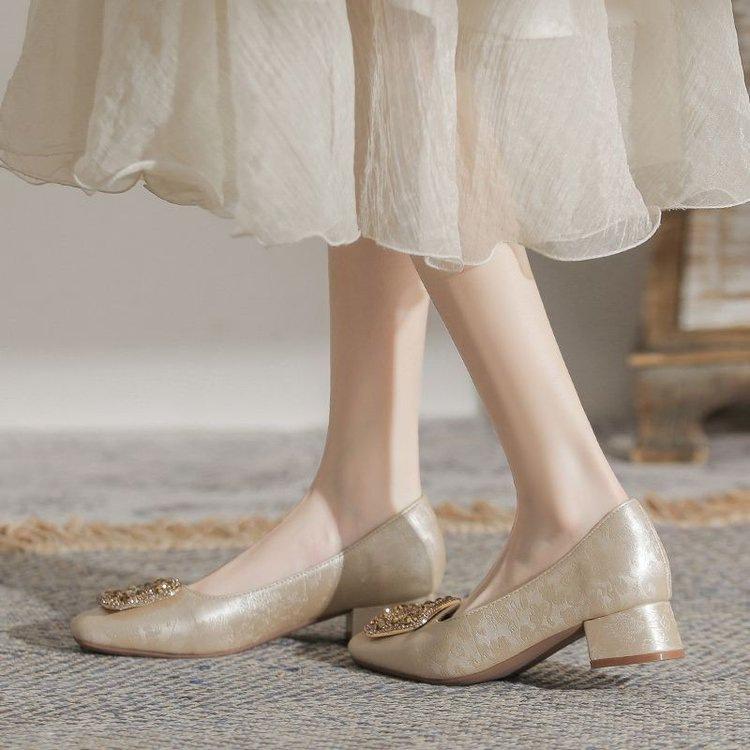 National style new Chinese single shoes annual temperament new rhinestone French thick heel high heels comfortable