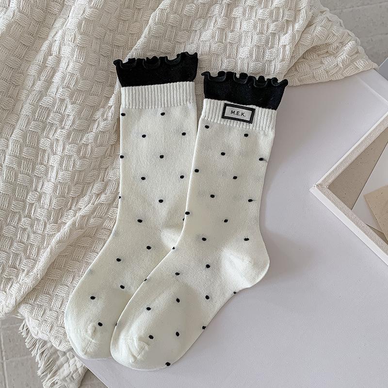 

Носки до середины икры в горошек с кружевом 2025 - Осень/Зима Корейский стиль One Size