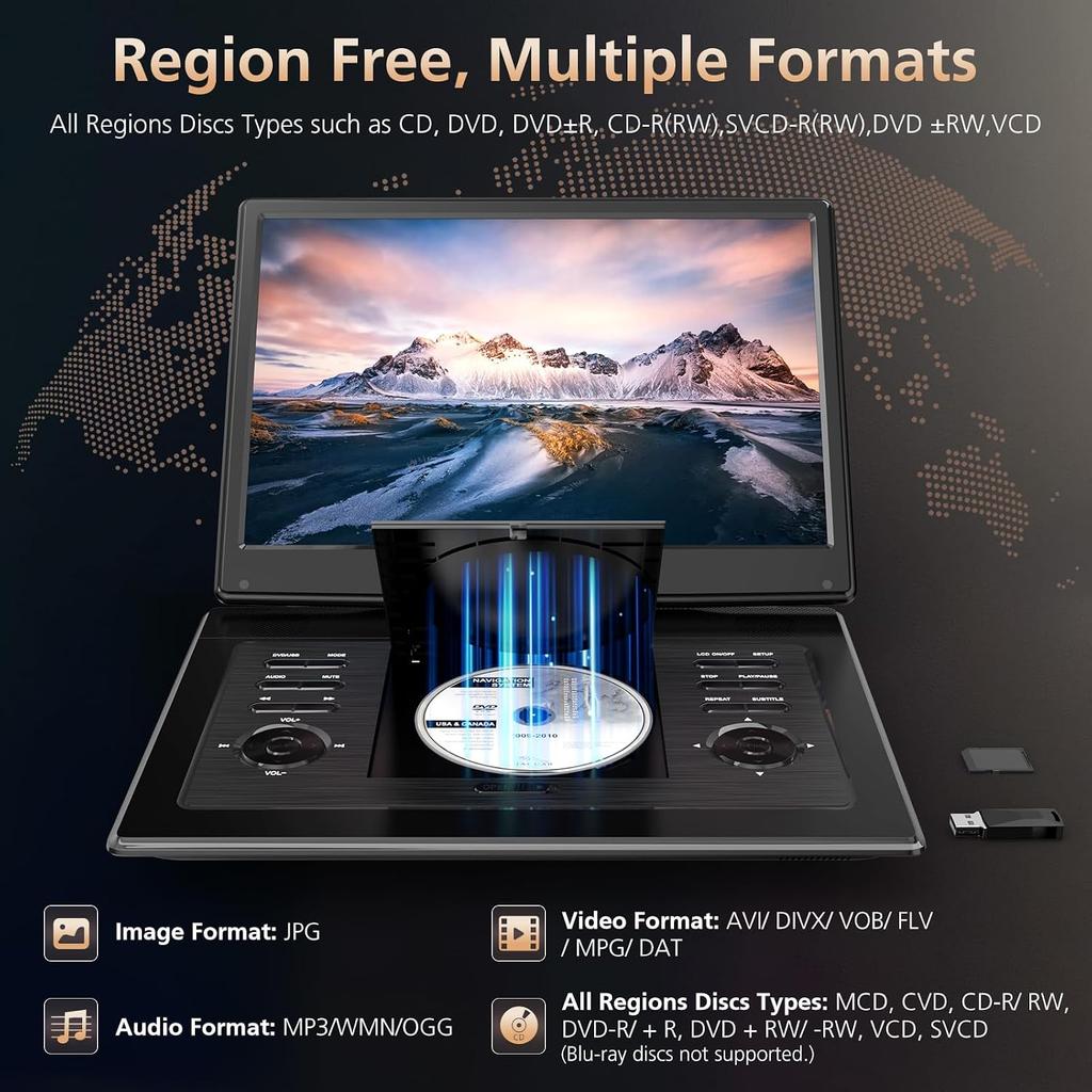 17.9" Portable DVD Player for Kids with 15.6" Swivel Screen, 5 Hours Rechargeable Battery, Car DVD Player with High Volume Dual Speakers