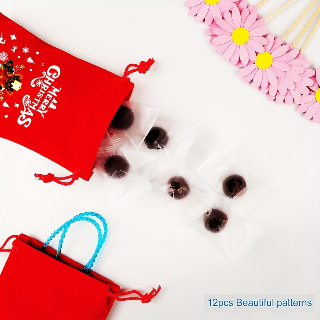 12 Stück Weihnachten Samt Kordelzug Geschenktüten - Perfekt für Süßigkeiten Schmuck und Gastgeschenke Stoffmaterial