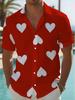 Red And White Heart Full Print Short Sleeve Shirt, Valentine'S Day Cuban Collar Casual Shirt Suitable for Dates/Festive Celebrations