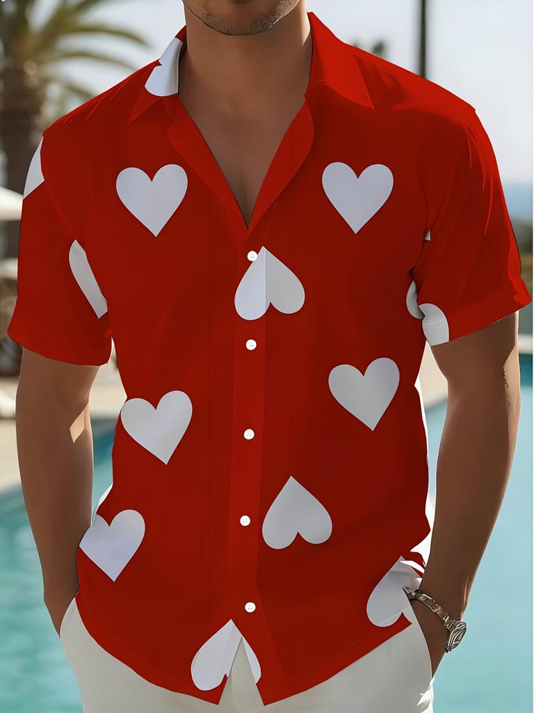 Red And White Heart Full Print Short Sleeve Shirt, Valentine'S Day Cuban Collar Casual Shirt Suitable for Dates/Festive Celebrations