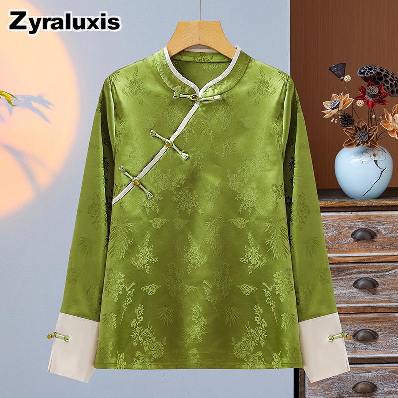 New Chinese Style Outer Shirt for Women, Lightweight Satin Textured Dressy Top, Retro Slanted Collar Button-Down Autumn Undershirt