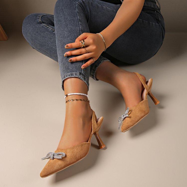 Women's Pointed Back Empty Sandals Rhinestone Bow High Heels Mueller Shoes