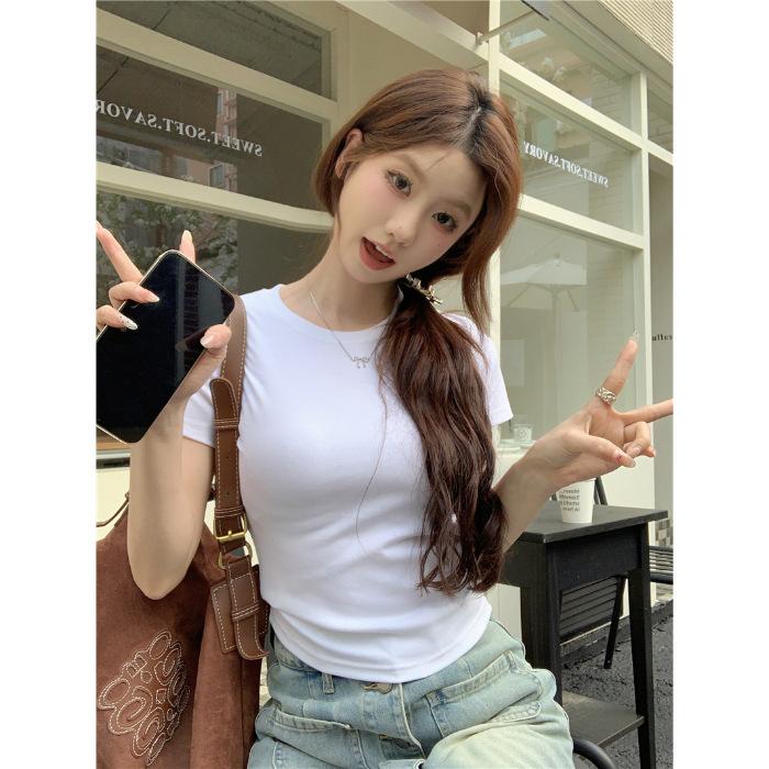 Women's Crew Neck Short Sleeve T-shirt Slim Fit Elegant Style Solid Color Cotton Regular Shoulder Cropped Summer Casual Tee Top