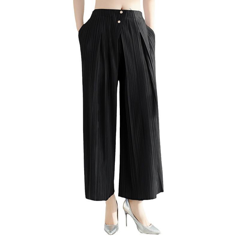 Summer 2024 Women's Black High-Waisted Wide-Leg Pleated Pants: Versatile, Slimming, Loose Fit, Plus Size, Casual Nine-Point Length.