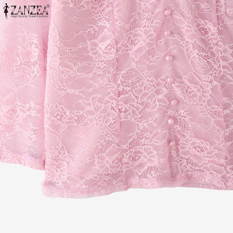 ZANZEA Women Casual V-Neck 3/4 Sleeve Lace Patchwork Blouse