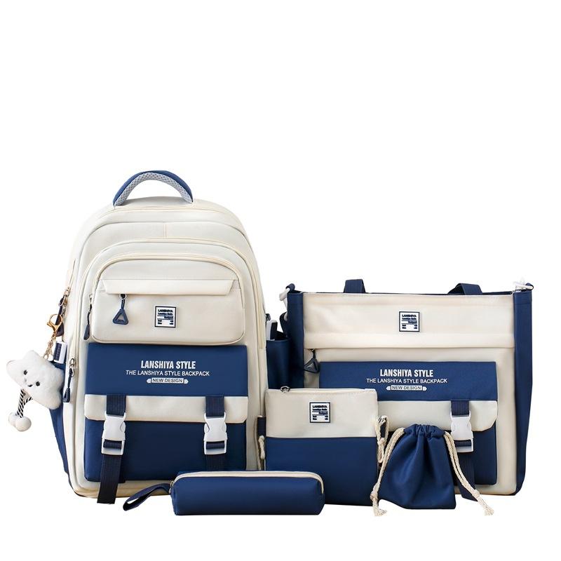 5-Piece Backpack Set Color Block Large Capacity School Bag Korean Style for High School College Students Travel