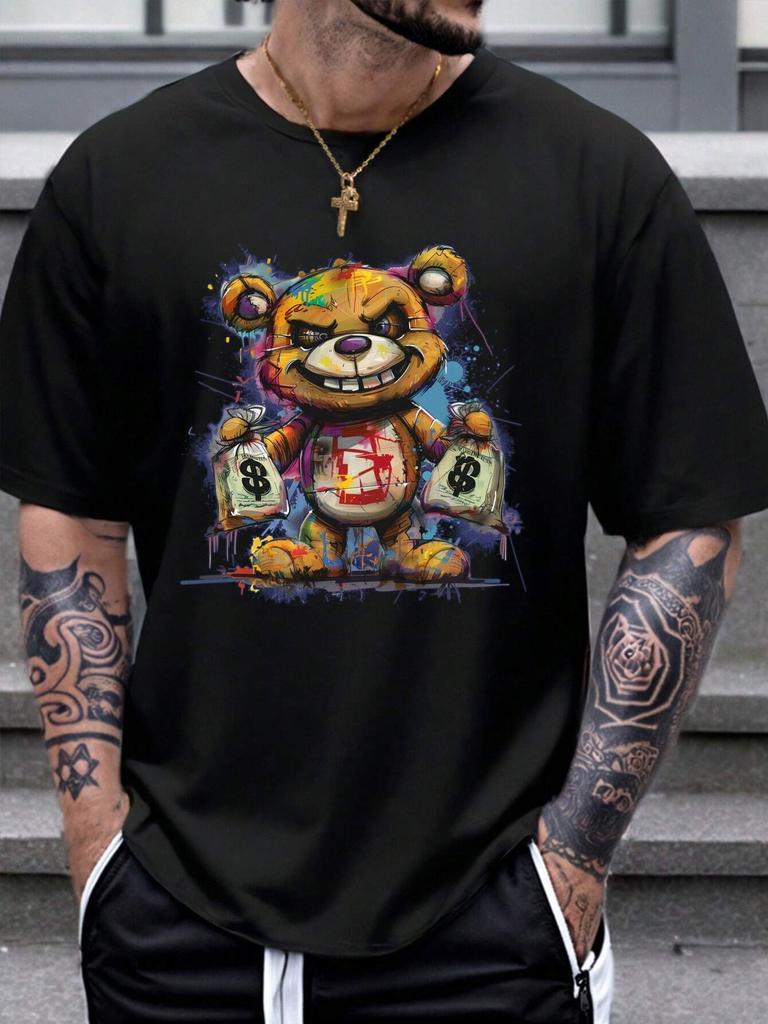 Men's 100% Cotton Summer Loose Size Cartoon Bear Pattern Printed Slim Fit Casual Sports Round Neck Short Sleeved T-shirt Top