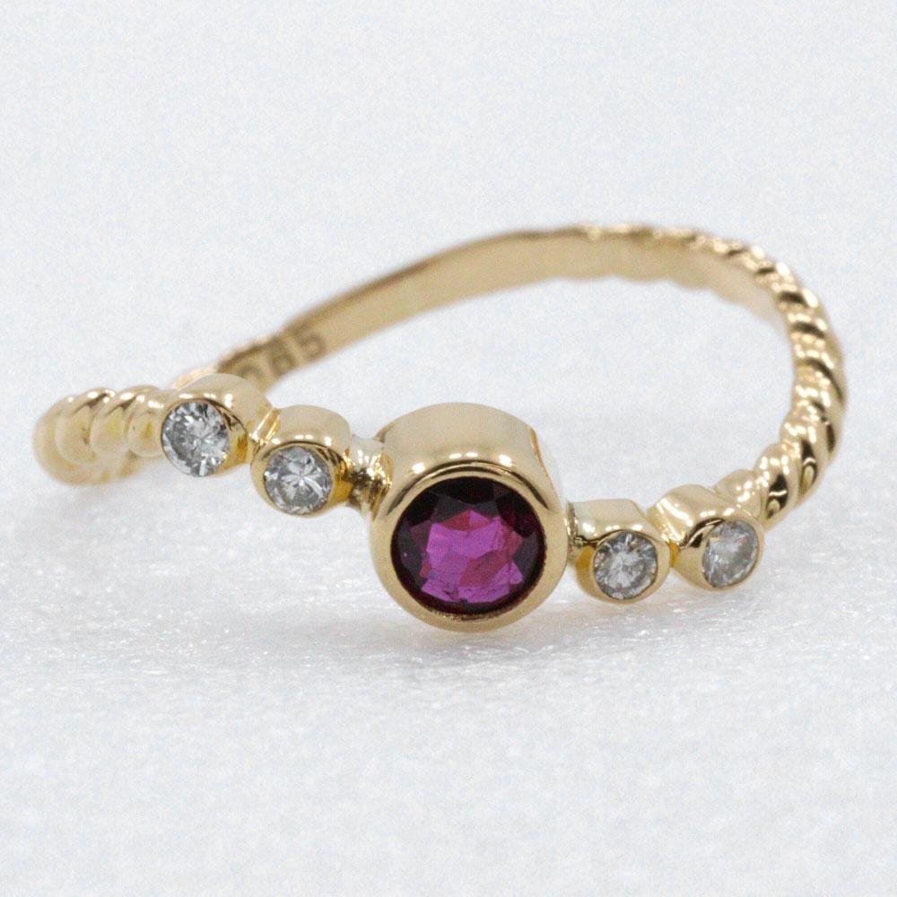 Wave Ring K18 yellow gold/Ruby/diamond #4.7(US Size) 1.3g Women Used