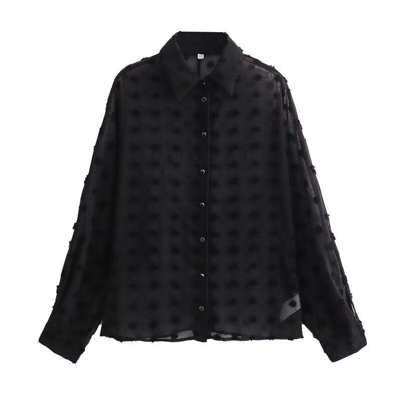 

Western Style 2024 Spring New Fashion Women clothes Convex Ornament Polka Dot Translucent Shirts 2377502 800 Black L
