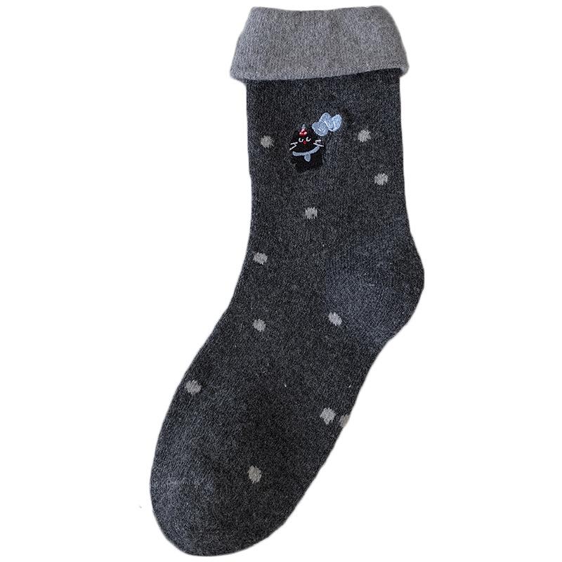 Wool Socks Children'S Stacking Socks Season Thickened Warm Korean Gray Embroidered Cat Striped Cloth Label Medium Tube Socks