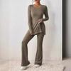 Women's Slim Two-Piece Outfit Long Sleeve Knit Top Elastic Waist Flared Pants Casual Tracksuit