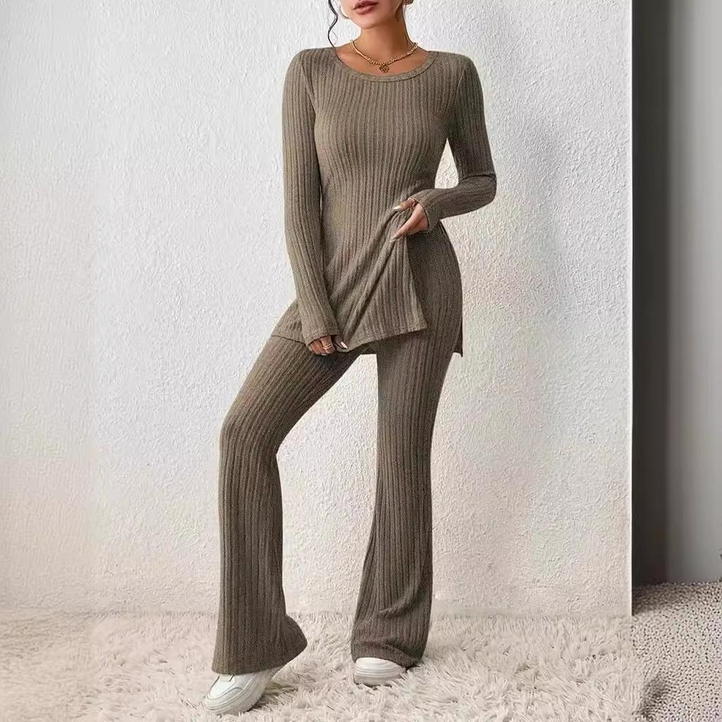 Women's Slim Two-Piece Outfit Long Sleeve Knit Top Elastic Waist Flared Pants Casual Tracksuit