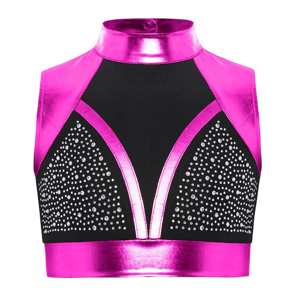 Girls Shiny Dance Top Mock Neck Sleeveless Cutout Back Rhinestones Color Block Metallic Crop Performance Outfit