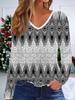 3D Vintage Pattern Printed Fashion Casual Women's V-Neck Long Sleeve T-Shirt - New Year Party Clothing Holiday Gift