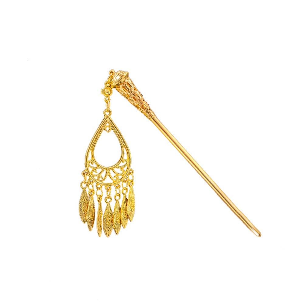 Leaves Golden Tassels Hair Fork Ancient Ethnic Style Hair Sticks Thai Metal Flower Hair Fork  Women