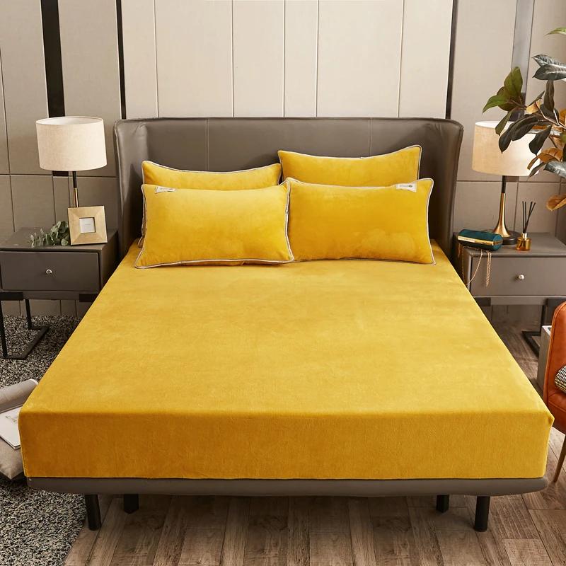 Winter Plush Fitted Sheet Elastic Double Bed Sheet Warm Bedspread Solid Color Mattress Cover Bed Linen Protector (No Pillowcase)