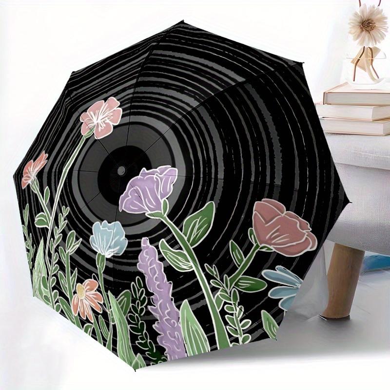 1pc Vinyl Record Flowers Automatic Open/Close Umbrella, Umbrella with Cartoon Design, Portable Compact Umbrella for Men & Women, Good Holida