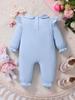 Light Blue Peter Pan Collar Baby Romper with Pink Bow Embroidery, Long Sleeve Ruffle Jumpsuit