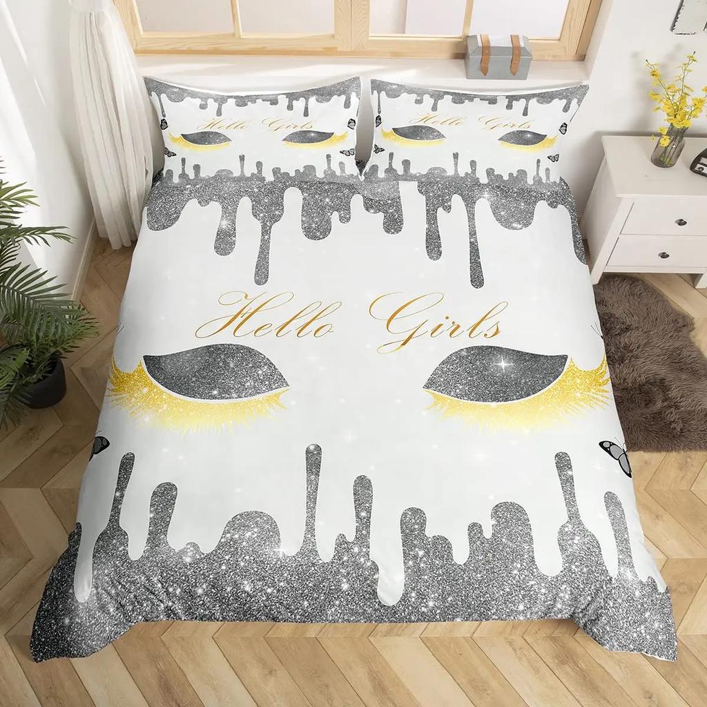 Women Eyelash King Queen Duvet Cover Glitter Galaxy Bedding Set Pink Sequin Ink Fluid Art Quilt Cover Polyester Comforter Cover