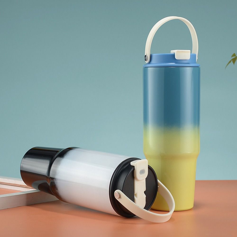 With Straw Gradient Thermos Cup 30oz Car Cup Milk Stainless Steel Insulated Cup  Outdoor