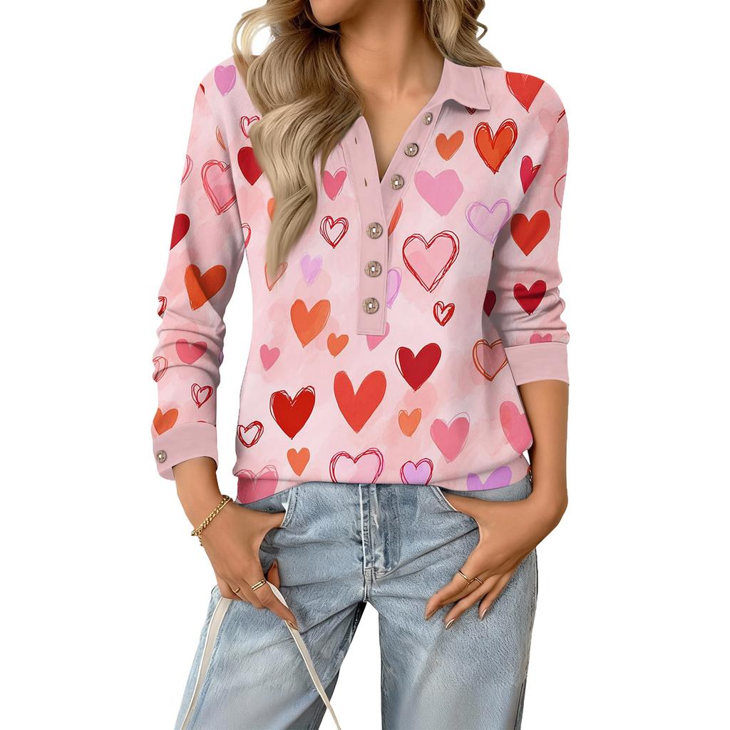 Damen Retro Street Lässiger V-Ausschnitt Langarm Knopf Valentinstag Herz Pullover Top