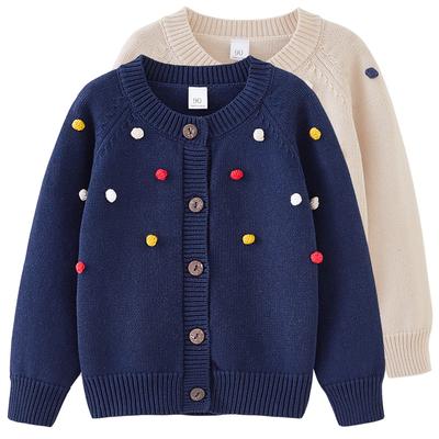 Spring and Autumn Children's Clothing Round Neck Children's Handmade Colorful Ball Knitted Cardigan Girls Cotton Sweater Cardigan Jacket