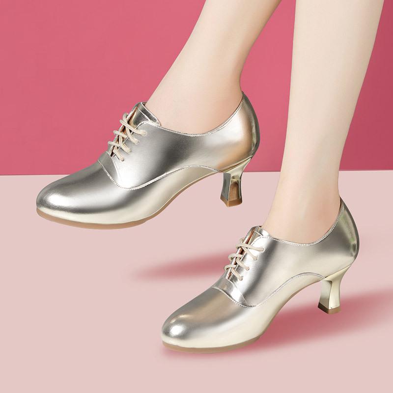 4cm 6cm Comfortable Lace Up Genuine Leather Shoes Women Pumps Spring 2025 Med Block Heels Shoes Red Silver for Dance Party Mom