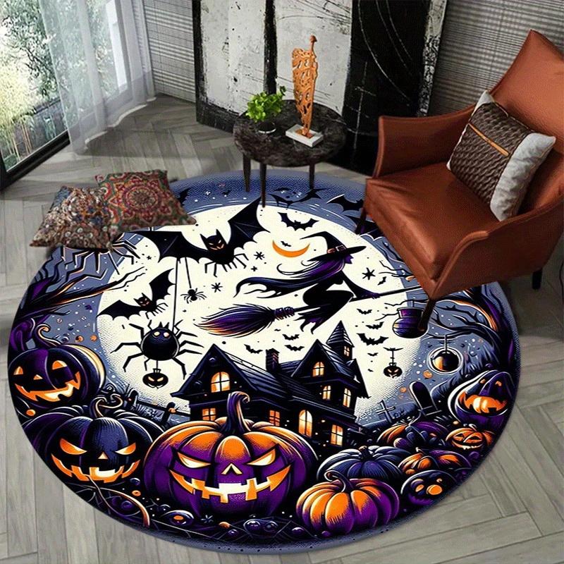 1pc Soft, Absorbent & Non-Slip Pumpkin and Flying Witch Round Rug, Perfect for Entryway, Living Room, Bedroom Decor, Machine Washable Flanne