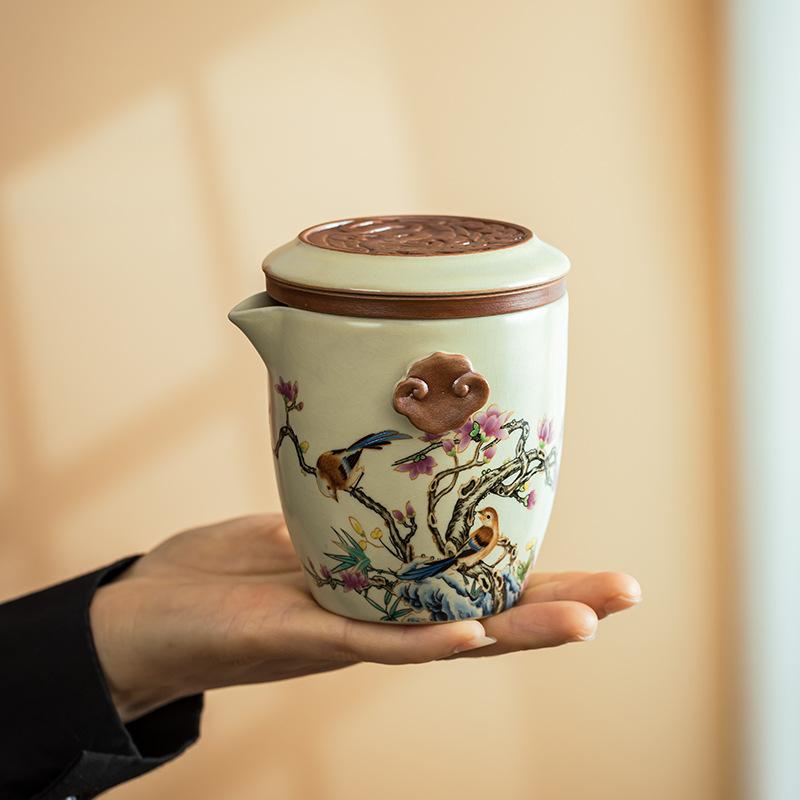 Full Flower Yellow Ru Kiln Hovering Express Cup Travel Tea Set Outdoor Tea Set Portable Enamel Color