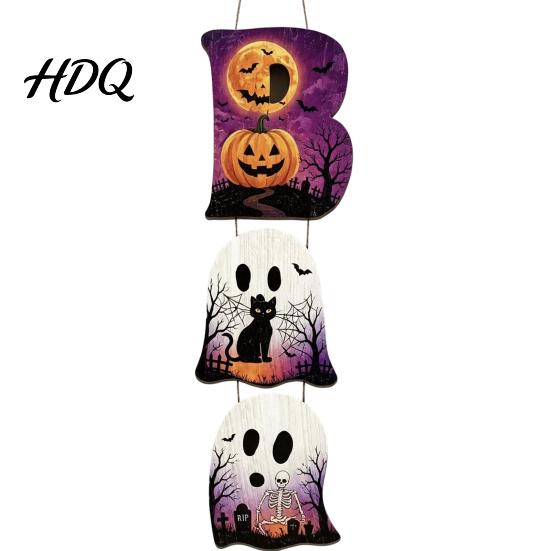 Layered Hanging Seasonal Ornament Halloween Wooden BOO Sign Creative Letter Pendants Vintage Ghost Pumpkin Black Cat