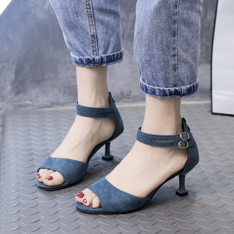 Fashion 2025 Sandals Ladies Shoes Summer Women's Heels Buckle Suit Female Beige All-Match New Girls Black Stiletto Velvet Fashion Spring