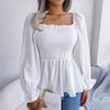 Summer Women Chiffon Shirt Long Sleeve Square Neck Solid Color Tops with Wooden Ears