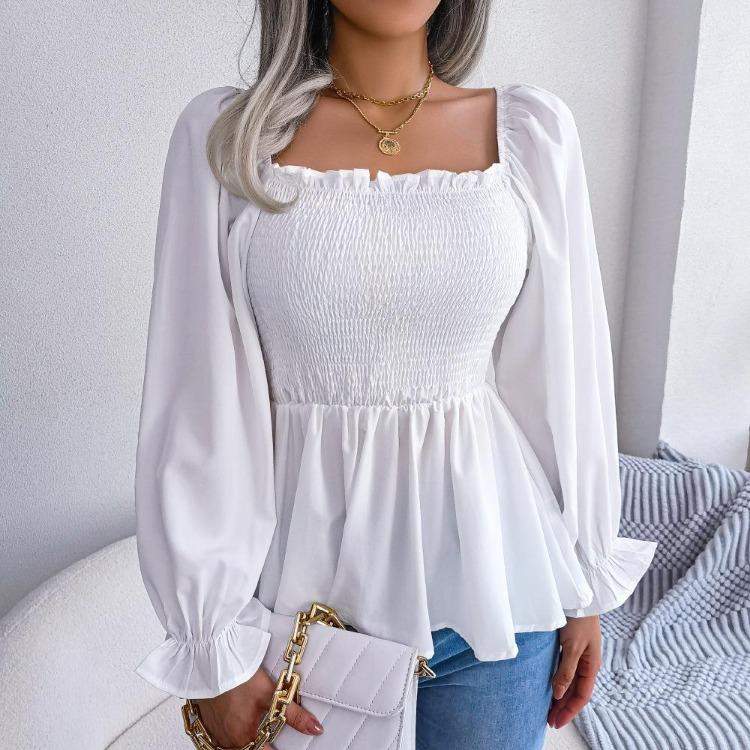 Summer Women Chiffon Shirt Long Sleeve Square Neck Solid Color Tops with Wooden Ears