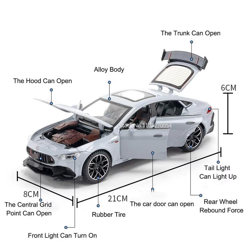 1/24 ROCKET 900 Coche de Juguete Modelo de Aleación Fundida a Presión Neumático de Goma Interior de Simulación 6 Puertas Abribles Adornos Coleccionables Coche Juguete para Niños Regalo para Niño