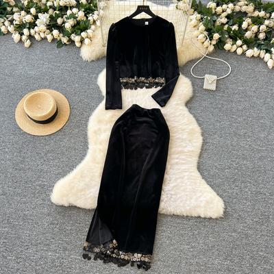 Primavera Autunno Donna Vintage Nero Velluto Paillettes Nappa Due Pezzi Set Manica Lunga Pullover Top e Lungo Midi Slim Aderente Gonna Tubino Completo