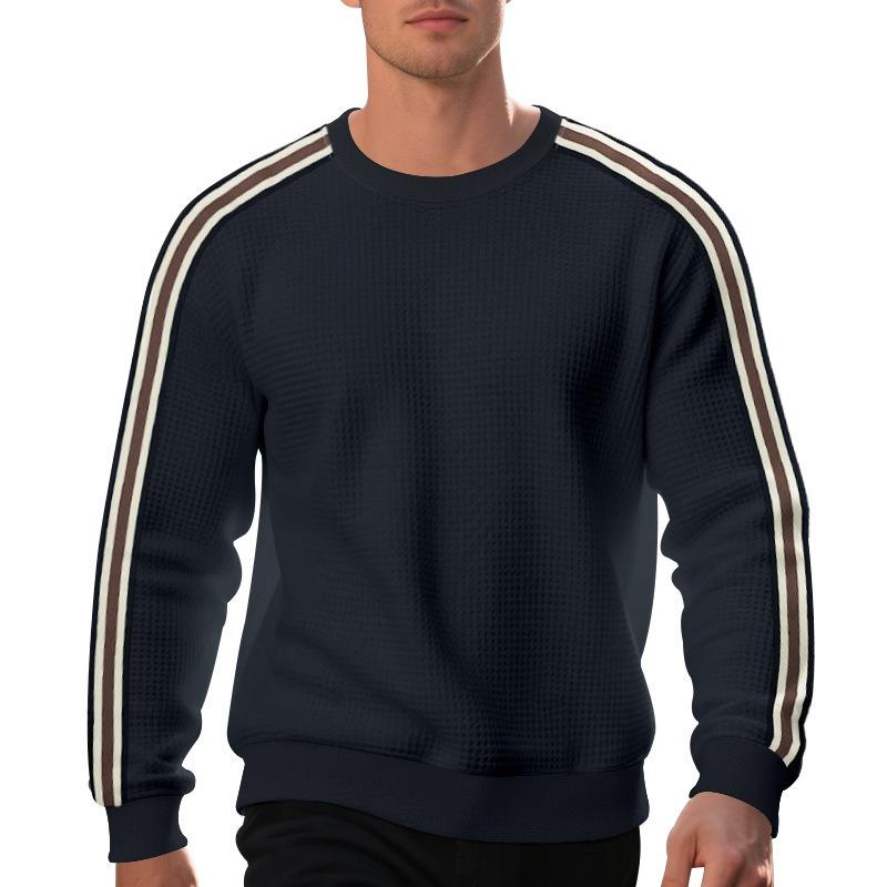 Loose Thin Seven Stripes Mens Waffle Crew Neck Casual Sports Breathable Sweatshirt