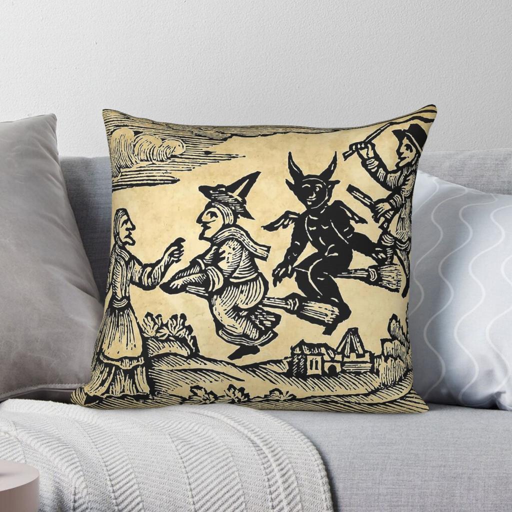 Witches And Devil On Broomsticks Square Pillowcase Polyester Linen Velvet Printed Zip Decor Throw Pillow Case Bed Cushion Cover