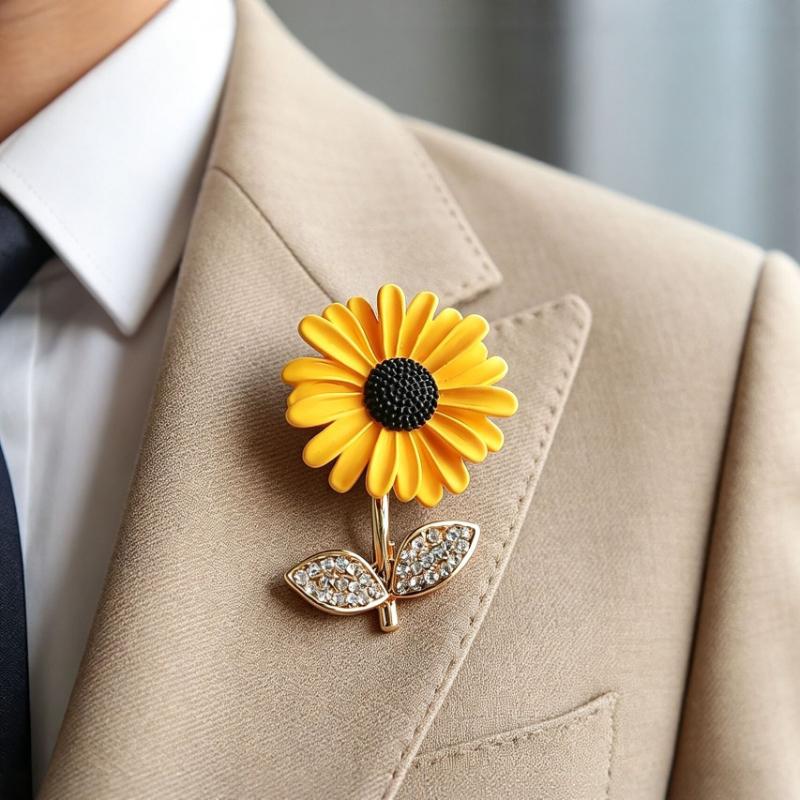 Trendy Sunflower Metal Brooch Exquisite Rhinestone Leaf Lapel Pins for Women Clothing Suit Badges Jewelry Accessories Gift